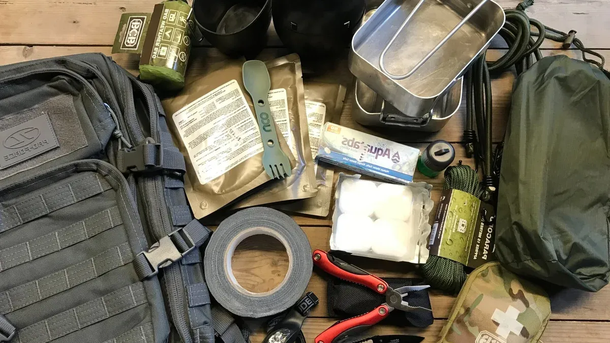 Uppackad krisväska med tändstål, förband, matransoner, vattenreningstabletter, tejp och multiverktyg utspridda på ett bord
