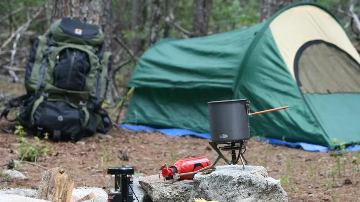 Tre vandrare med packade ryggsäckar går genom skog på väg mot lägerplatsen
