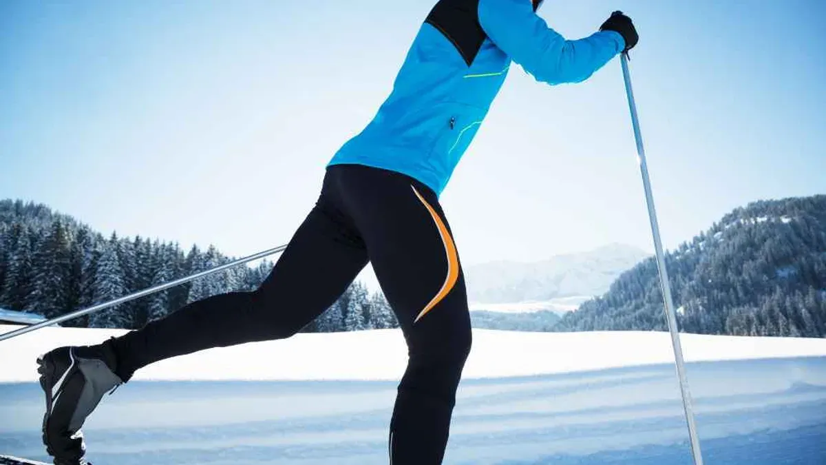 Skidåkare i blå jacka och svarta tights tar ett kraftfullt skidtag mot en bakgrund av snötäckta skogsklädda berg