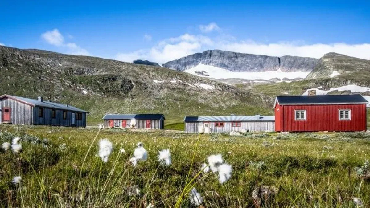 Helags fjällstations stugor i rött och grått med glaciären synlig på berget bakom