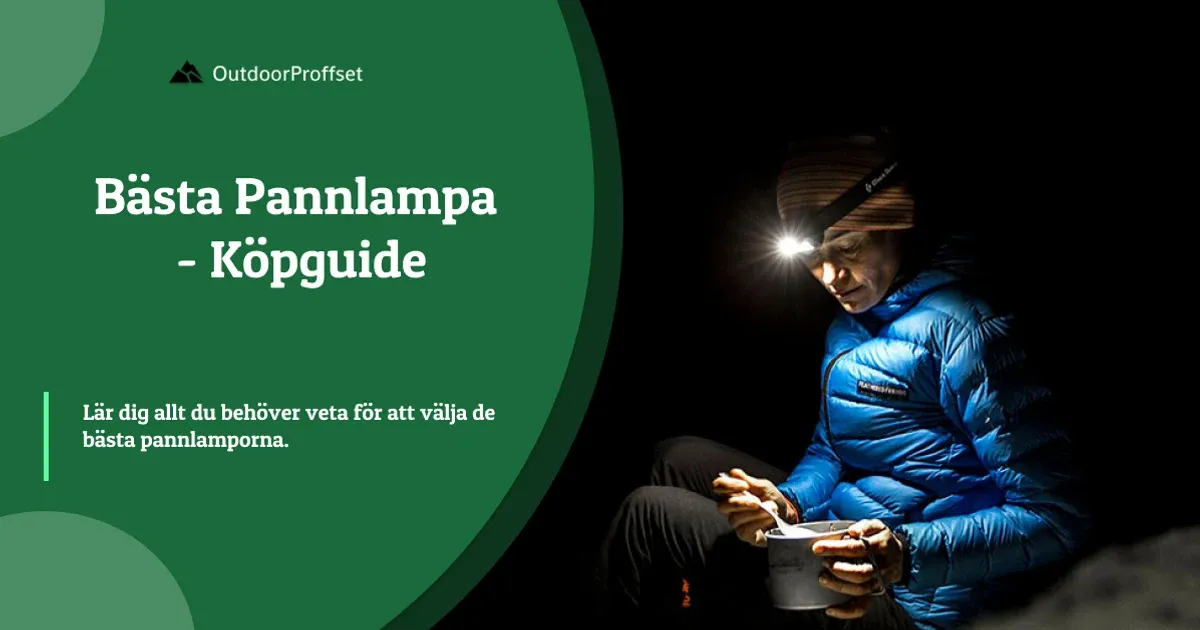 Person med pannlampa lagar mat i mörker vid tältet