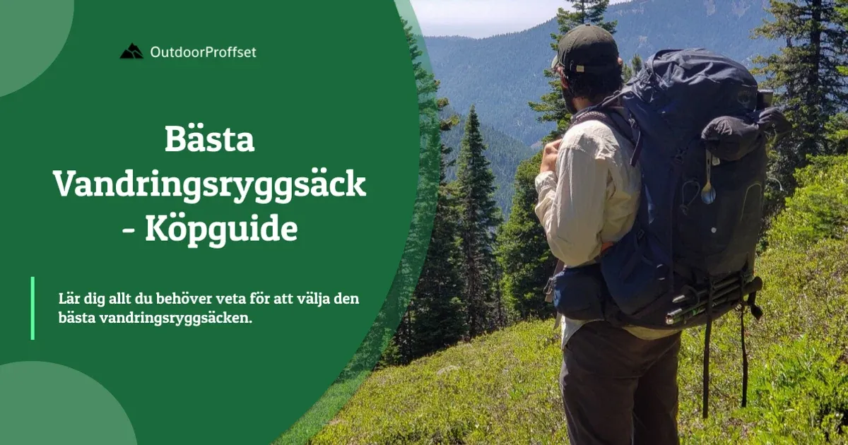 Vandrare med stor ryggsäck ser ut över bergslandskap