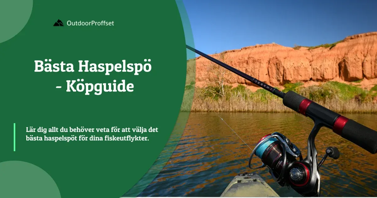 Fiskespö med haspelrulle vilar mot klippvägg vid vatten