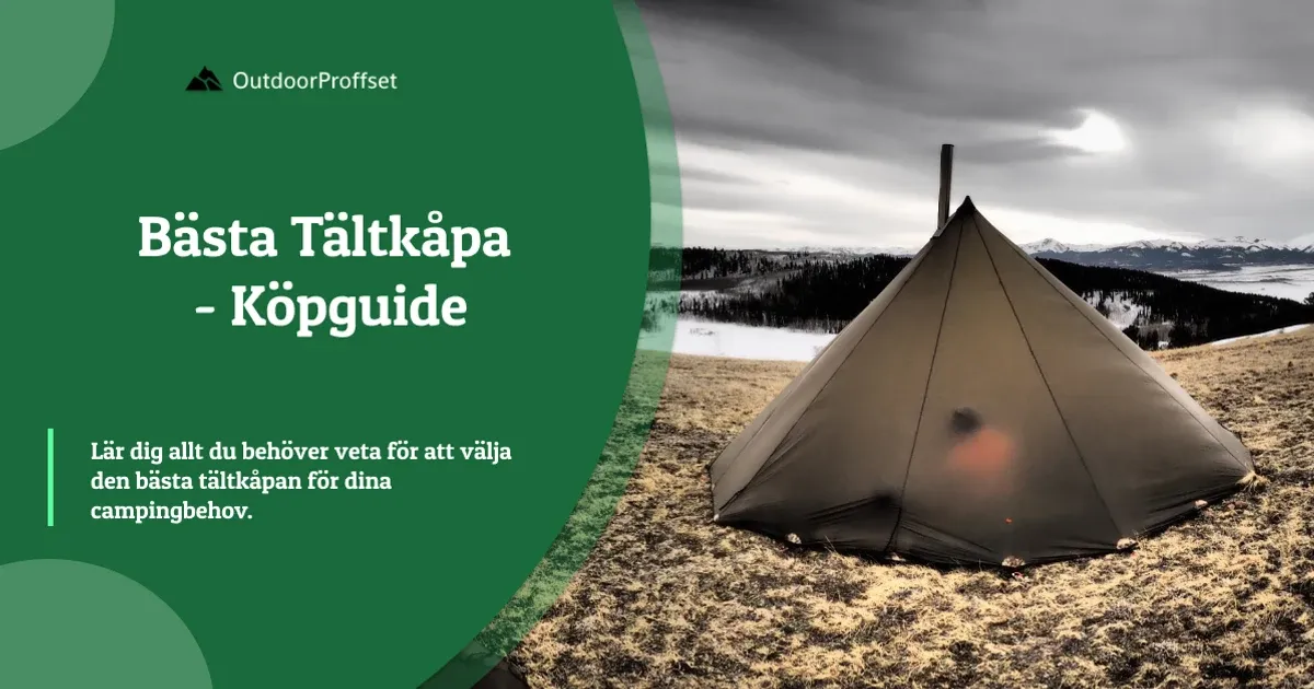 Tältkåta uppställd på fjällhed med snötäckta berg i bakgrunden