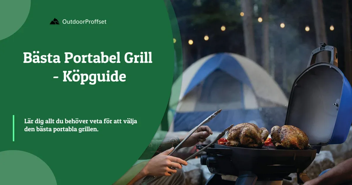 Kycklingar grillas på bärbar grill vid tält kvällstid