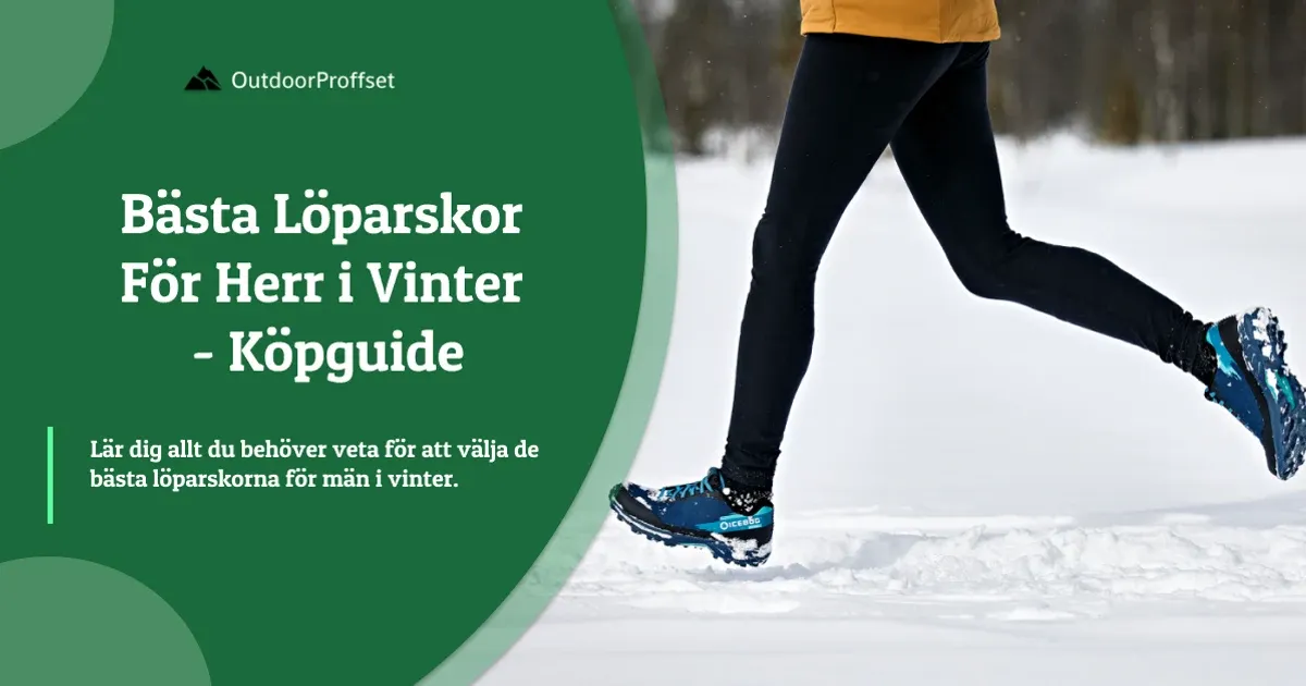 Man i orange jacka springer i snö med blå löparskor