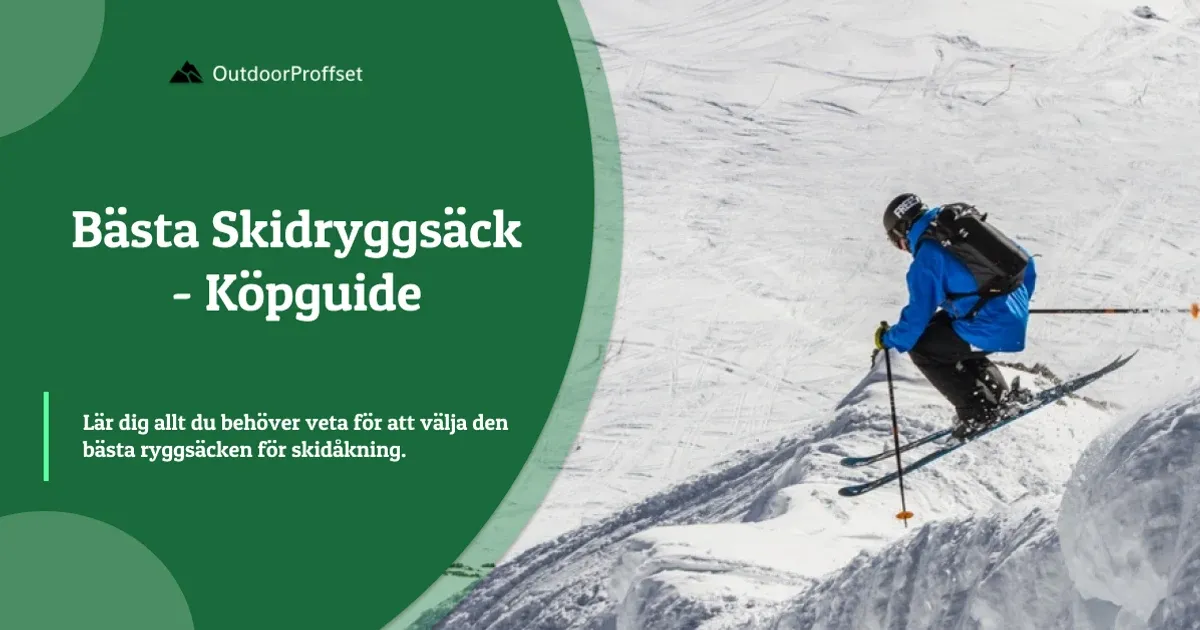 Skidåkare hoppar utför brant sluttning med blå skidryggsäck