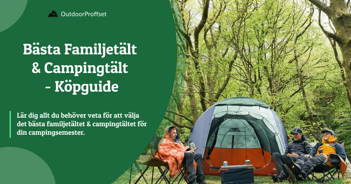 Familj vid orange kupoltält i skogsdunge med campingstolar