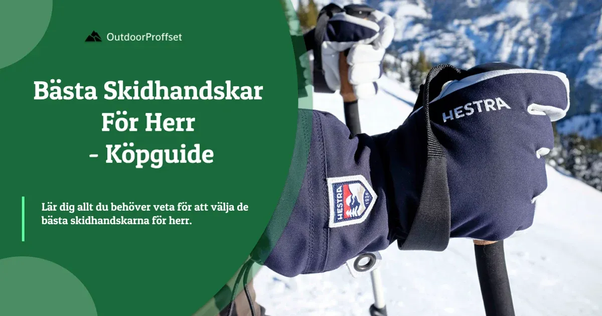 Närbild på marinblå Hestra-skidhandskar mot fjällvy