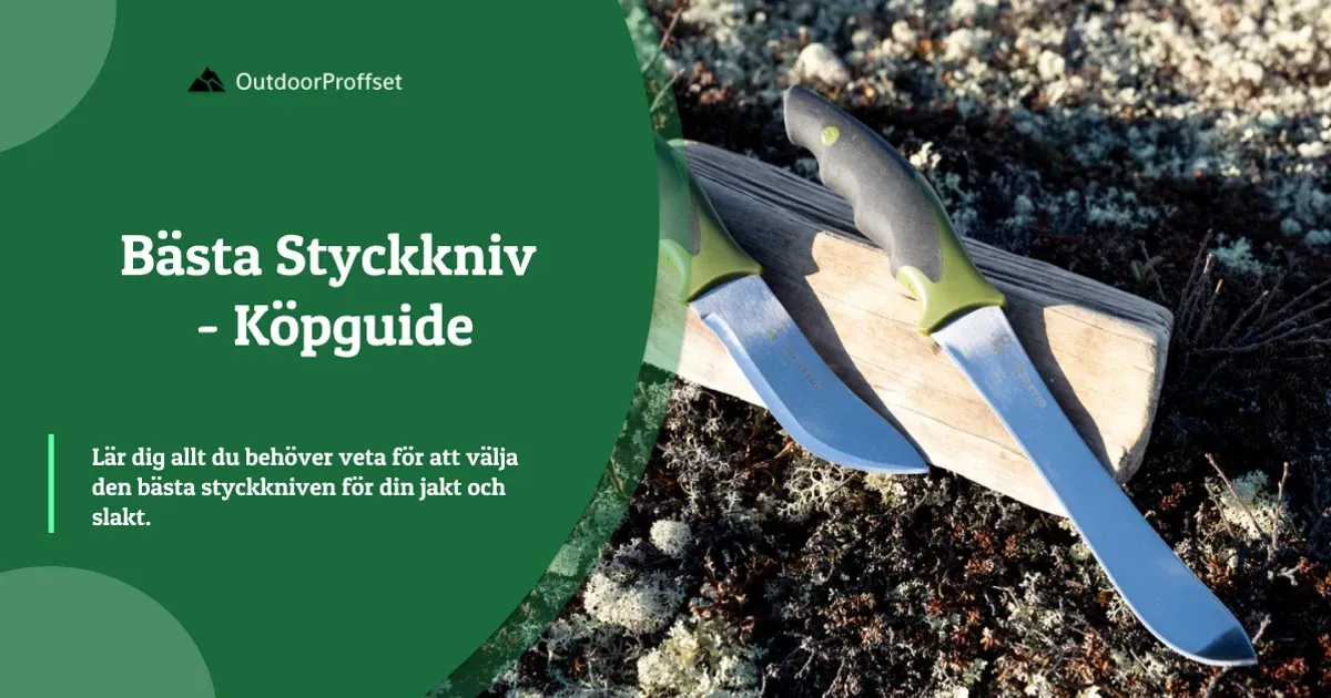 Omslagsbild till köpguiden om styckkniv, två knivar på trästycke i mossa