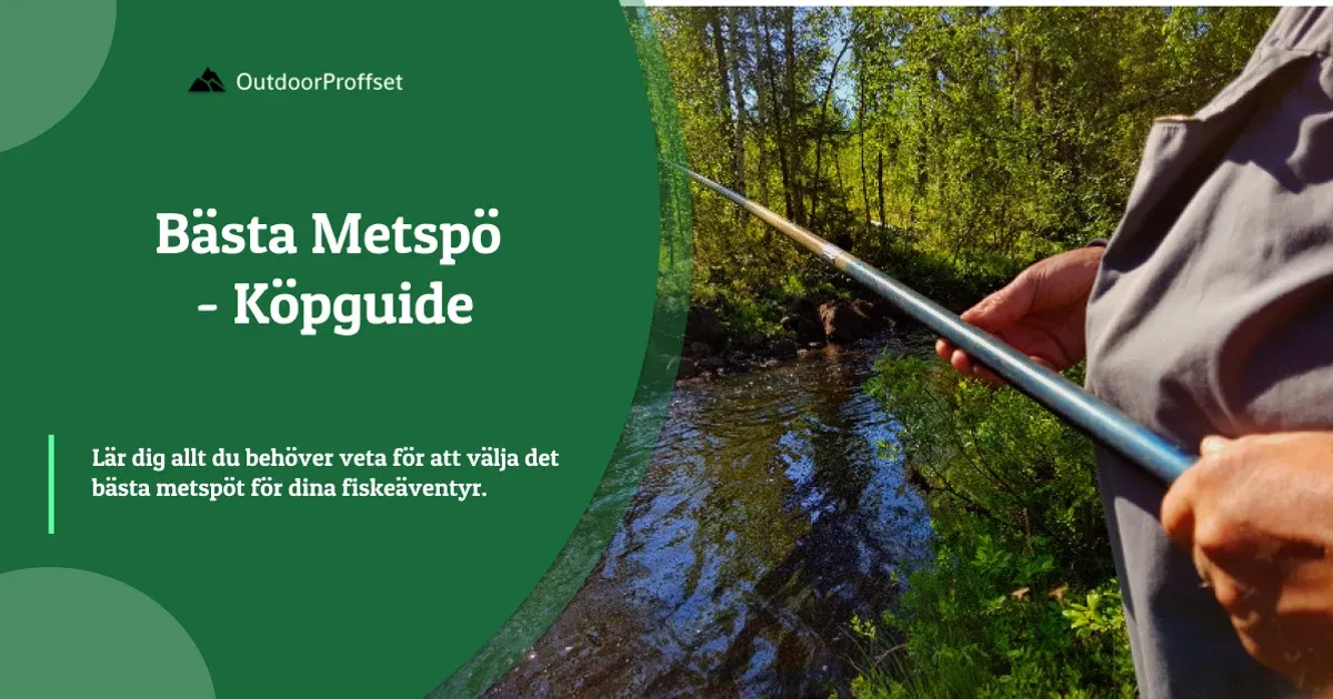Hand håller metspö vid skogsbäck