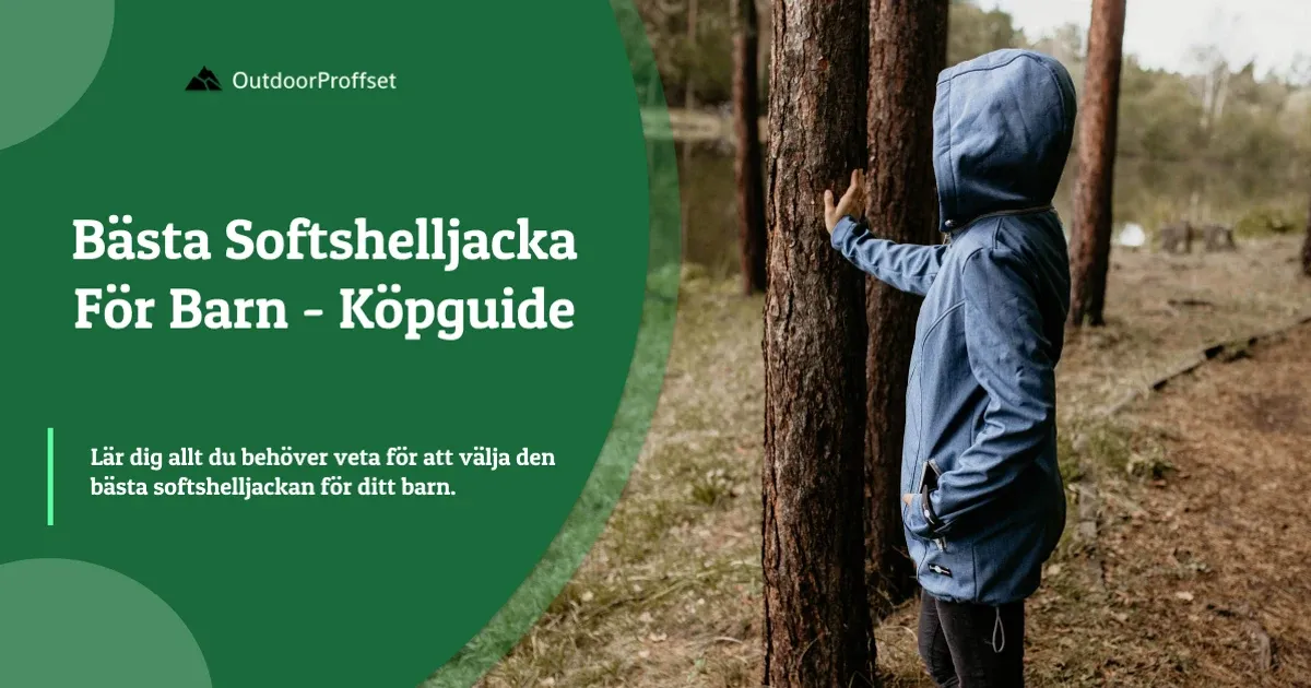 Omslagsbild till köpguiden om barns softshelljacka, barn i blå jacka vid träd