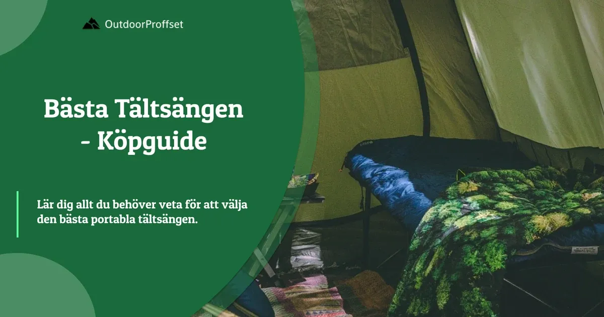 En uppfälld campingsäng med sovsäck inne i ett tält
