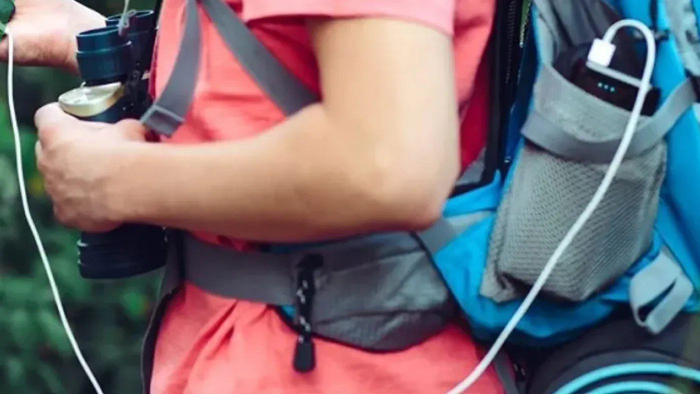 Vandrare med ryggsäck laddar mobilen från en powerbank i en yttre ficka under en paus i skogen