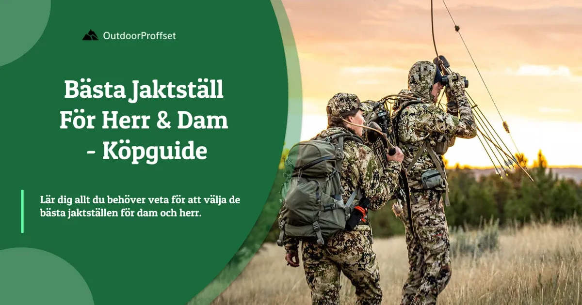 Två jägare i kamouflage med kikare och båge i solnedgång