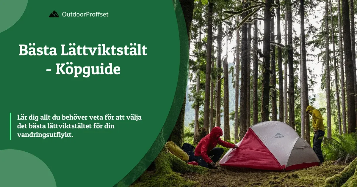 Två vandrare slår upp rött och grått tält i granskog