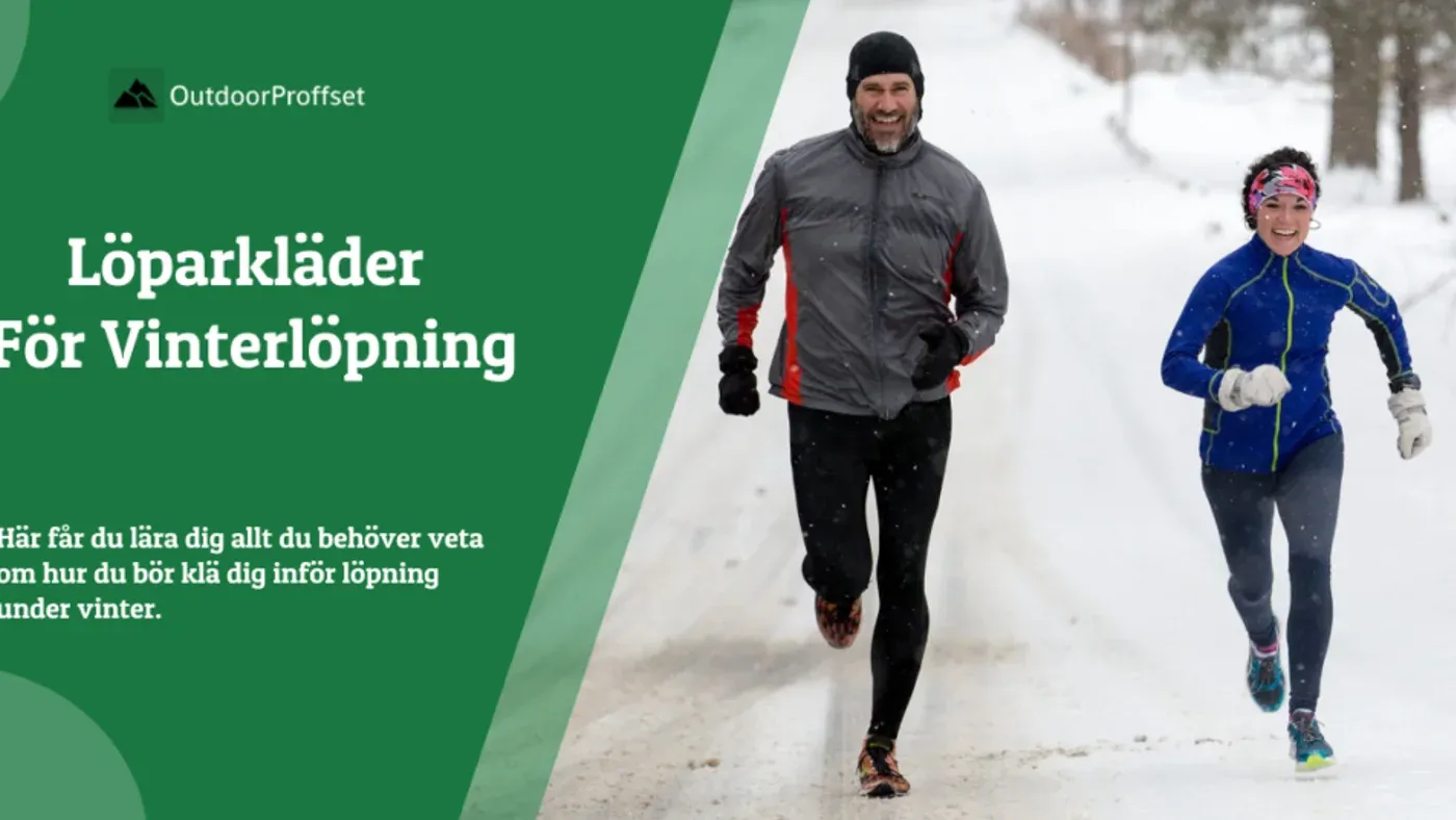 Löpare i täckjacka och tights springer på en snötäckt grusväg