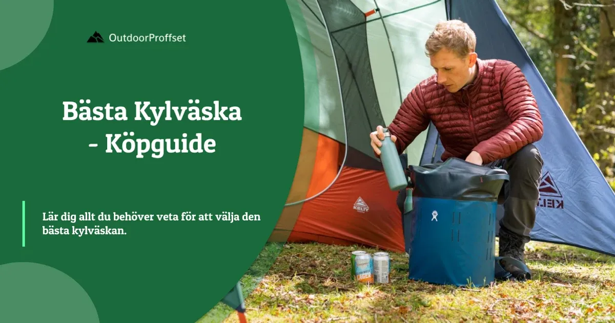 Man packar termos i blå kylväska vid tält