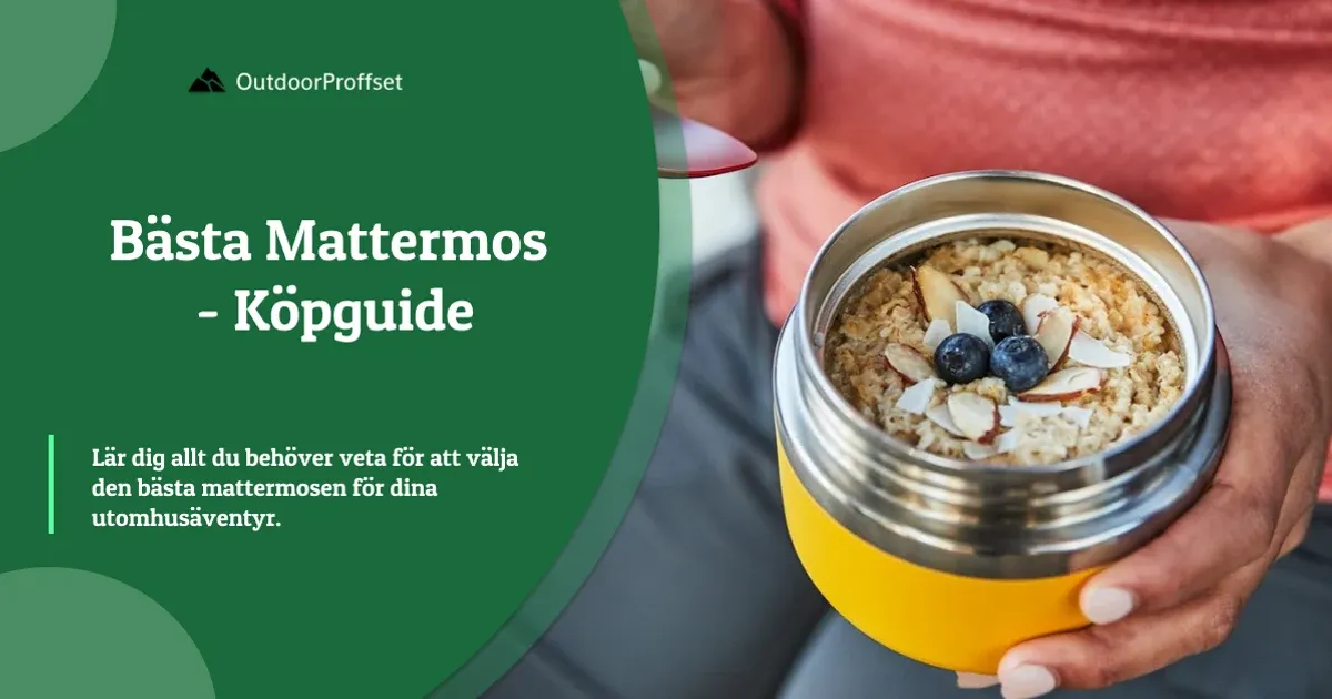 Hand håller mattermos fylld med gröt, blåbär och mandel