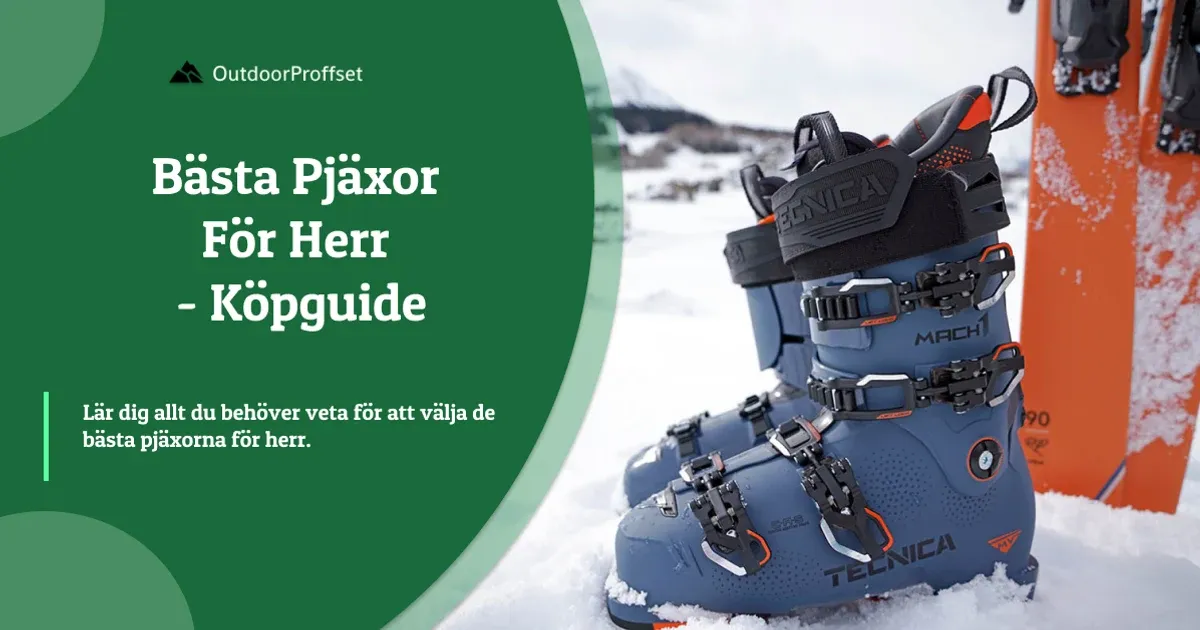 Blå Tecnica-pjäxa i snö bredvid orangea skidor