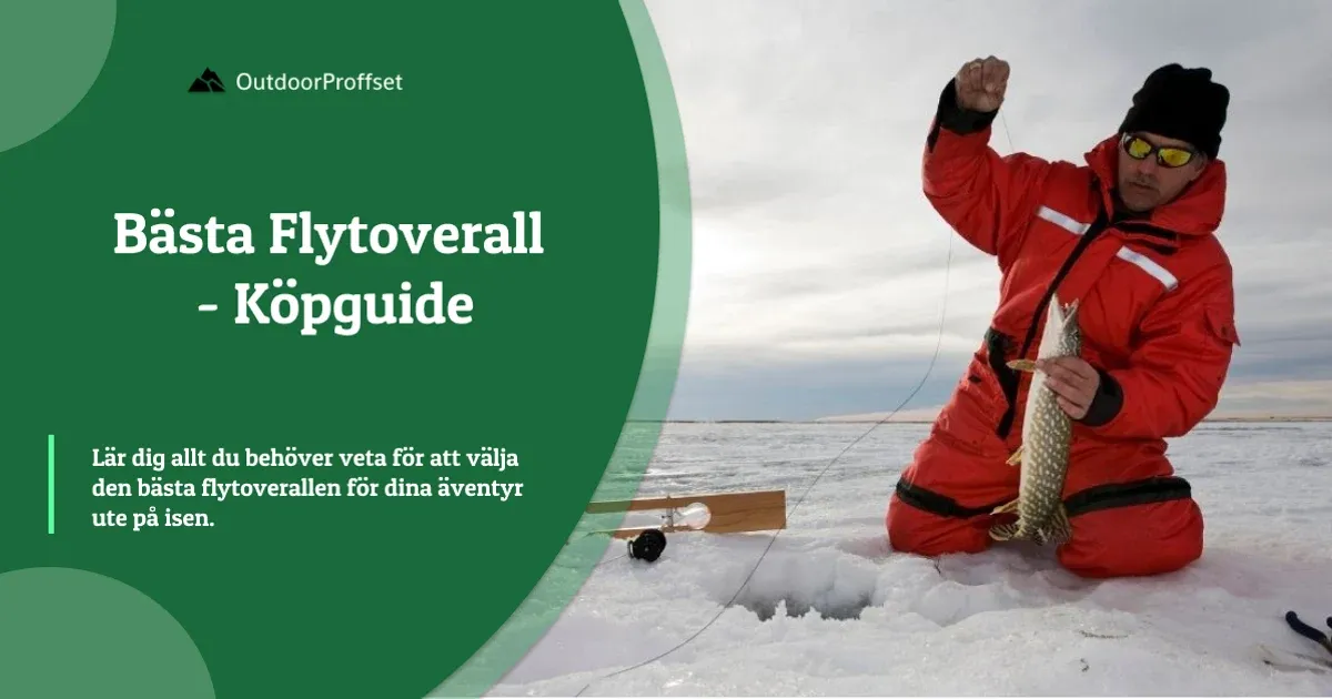Isfiskare i röd flytoverall håller upp en gädda