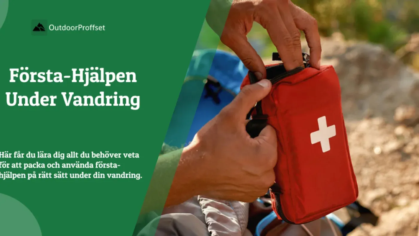 Första hjälpen-kit i röd väska bredvid ett par vandringskängor i skogen