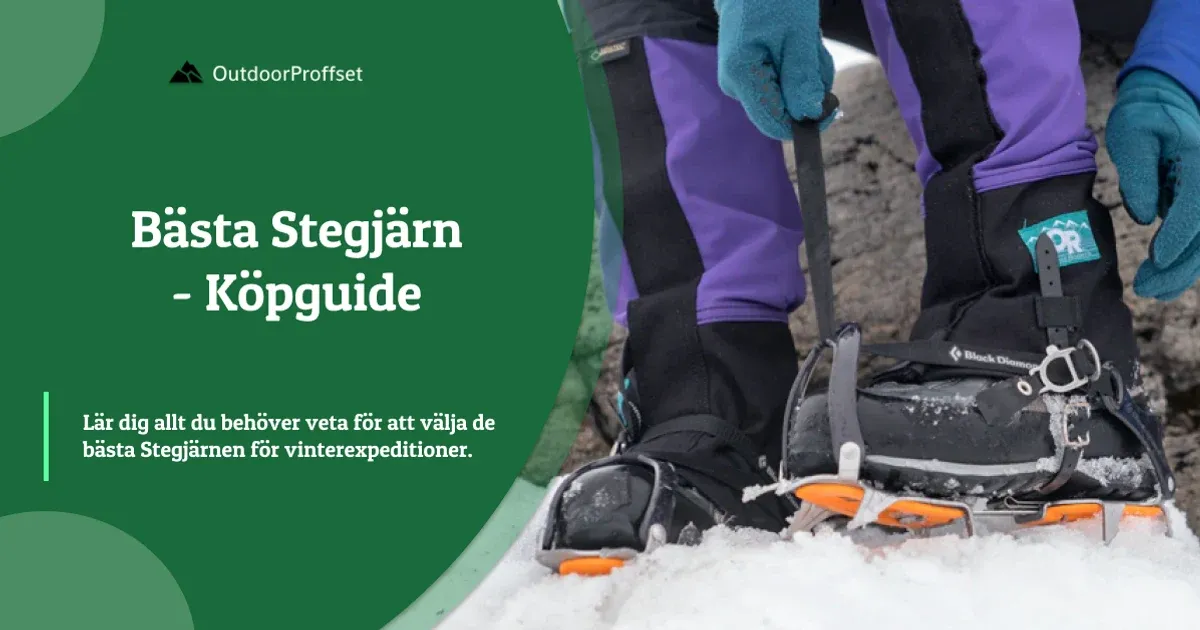 Omslagsbild till köpguiden om stegjärn, person spänner fast stegjärn på pjäxa