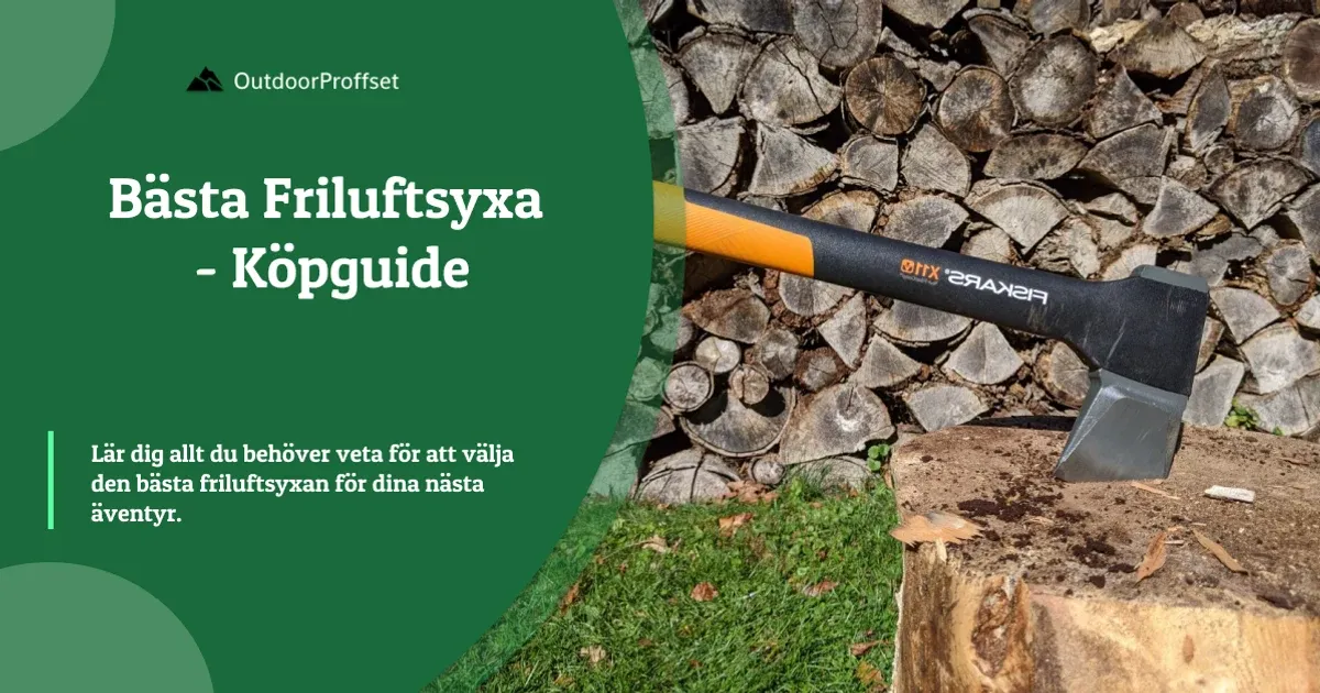 Yxa med orange skaft lutad mot vedstapel