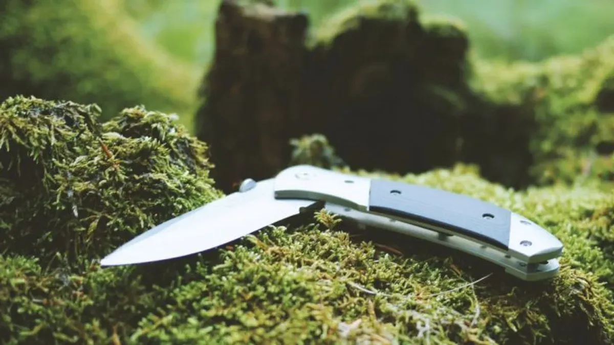 Hopfällbar kniv med svart och vitt skaft på mossa