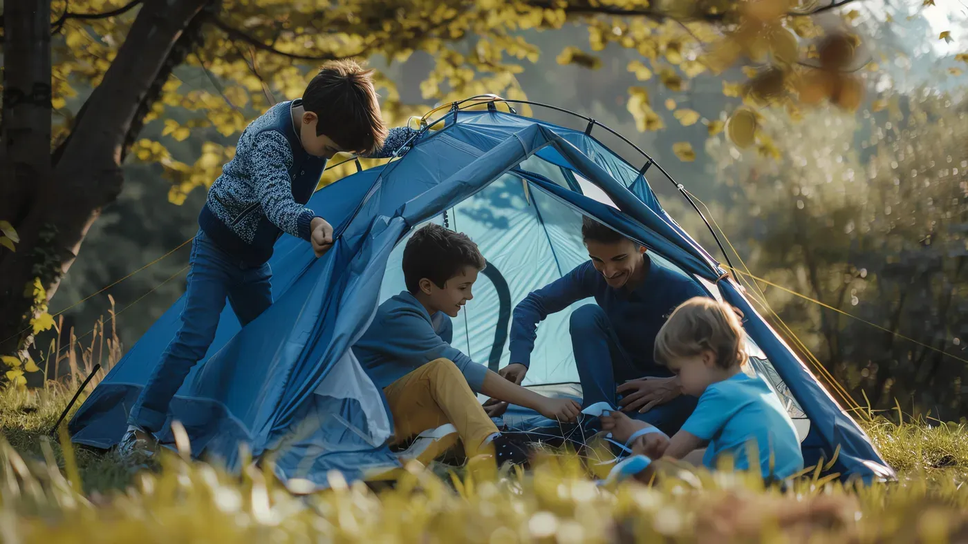 Familj slår upp tält tillsammans på campingplats
