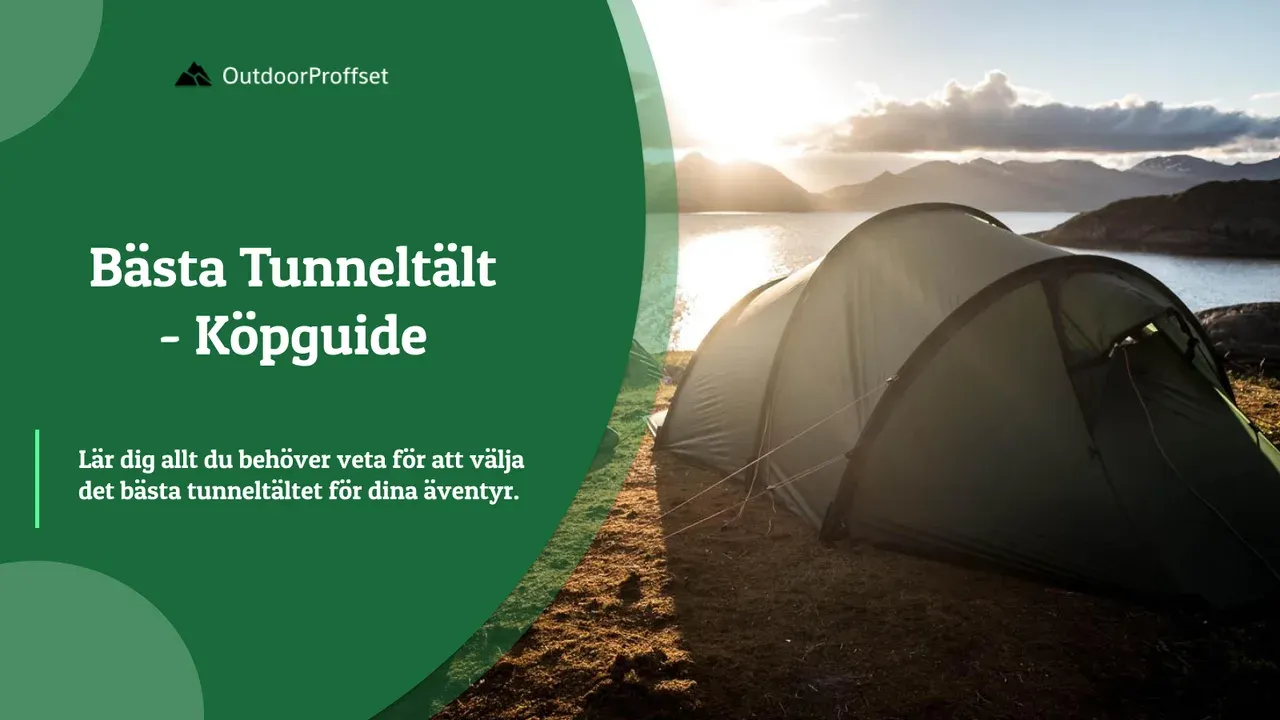 Grönt tunneltält vid en fjällsjö i solnedgång