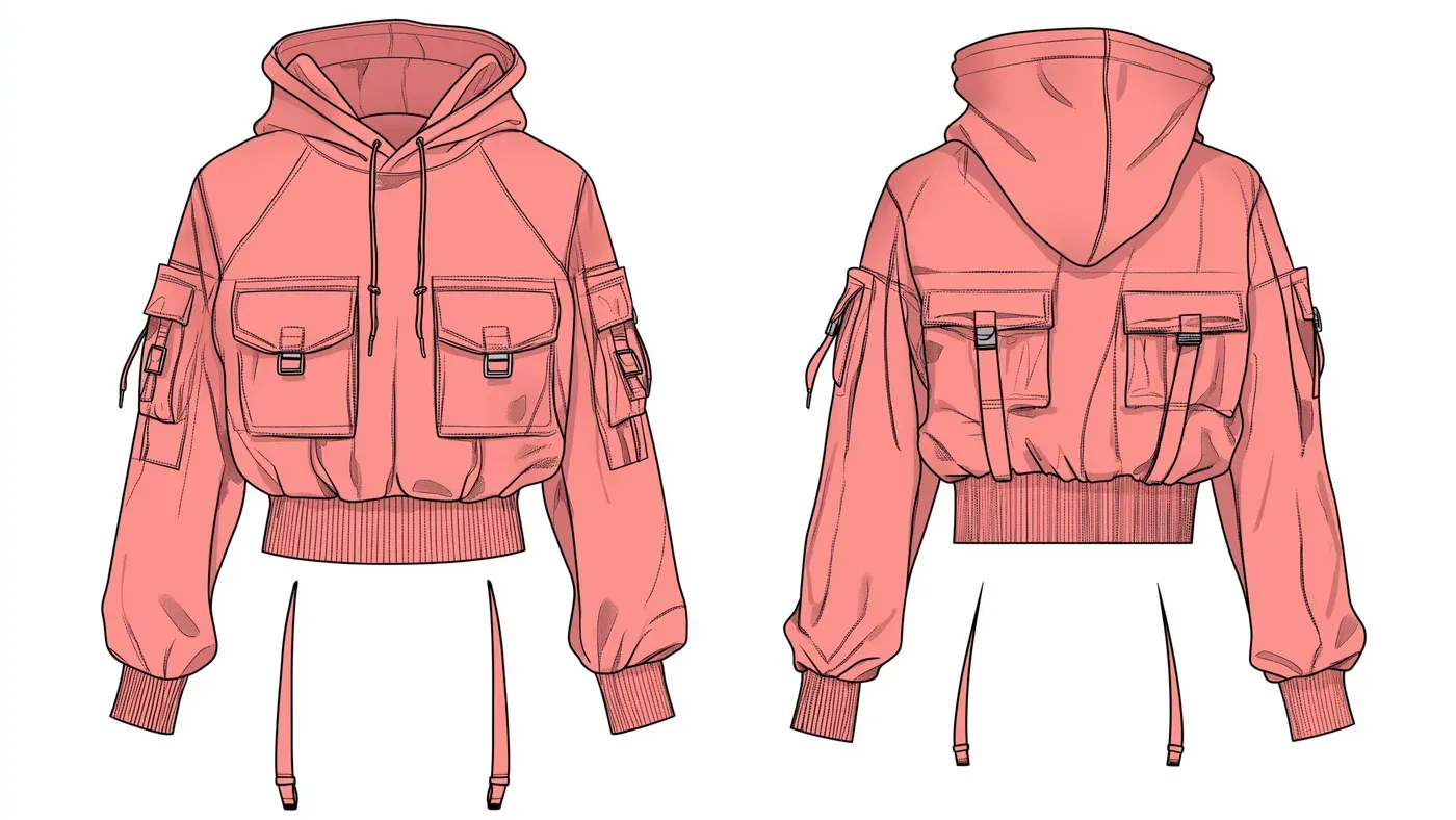 Tecknad modeillustration av rosa croppad huvtröja