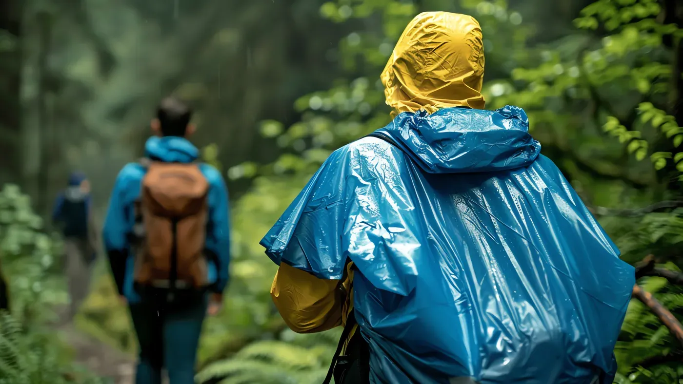 Vandrare i blå regnponcho med gul huva i skog