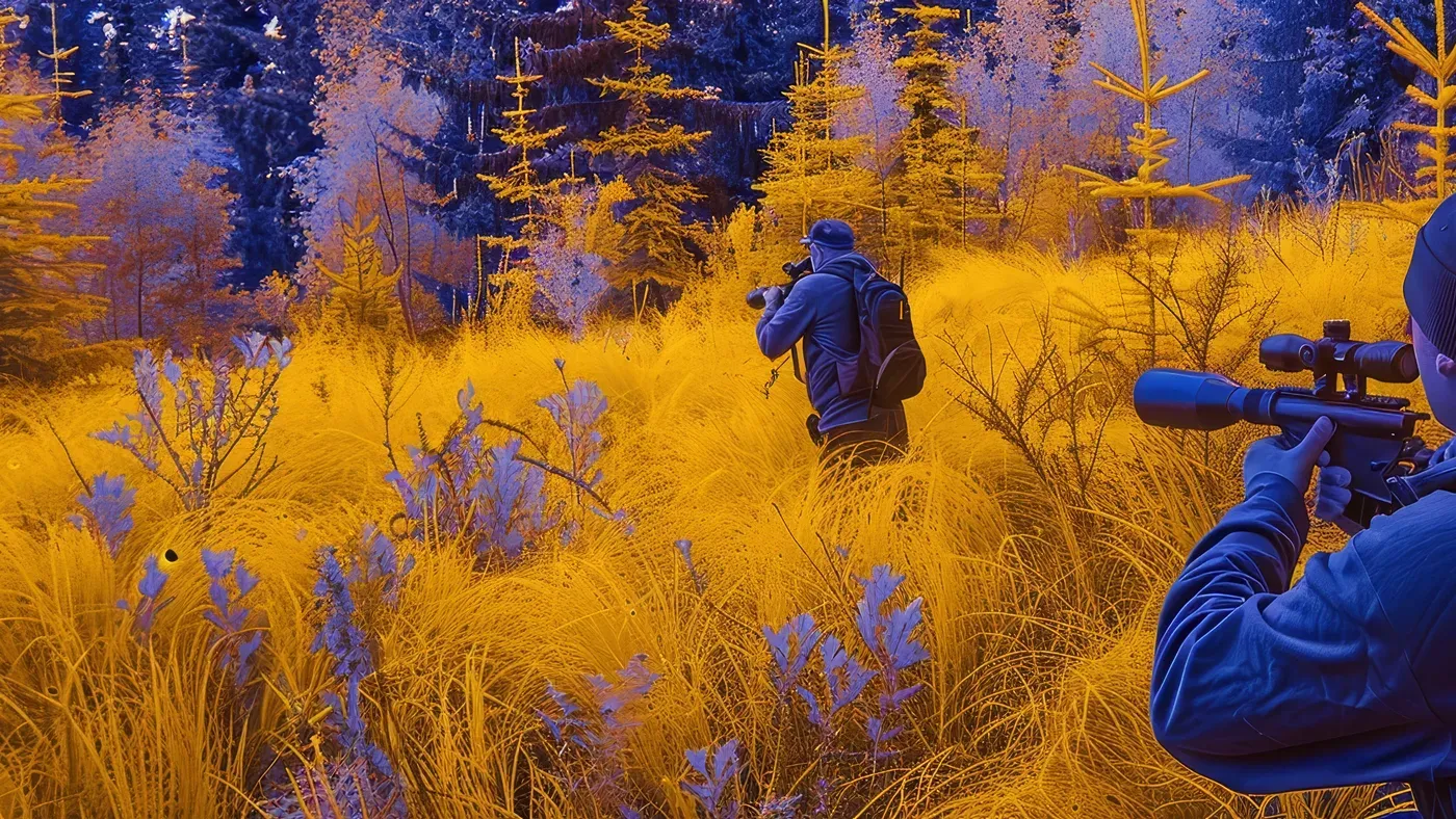 Jägare med kikarsikte i gulblå filtrerad bild av mark