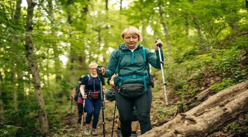 Vandrare med stavar går genom skog, en bär midjeväska