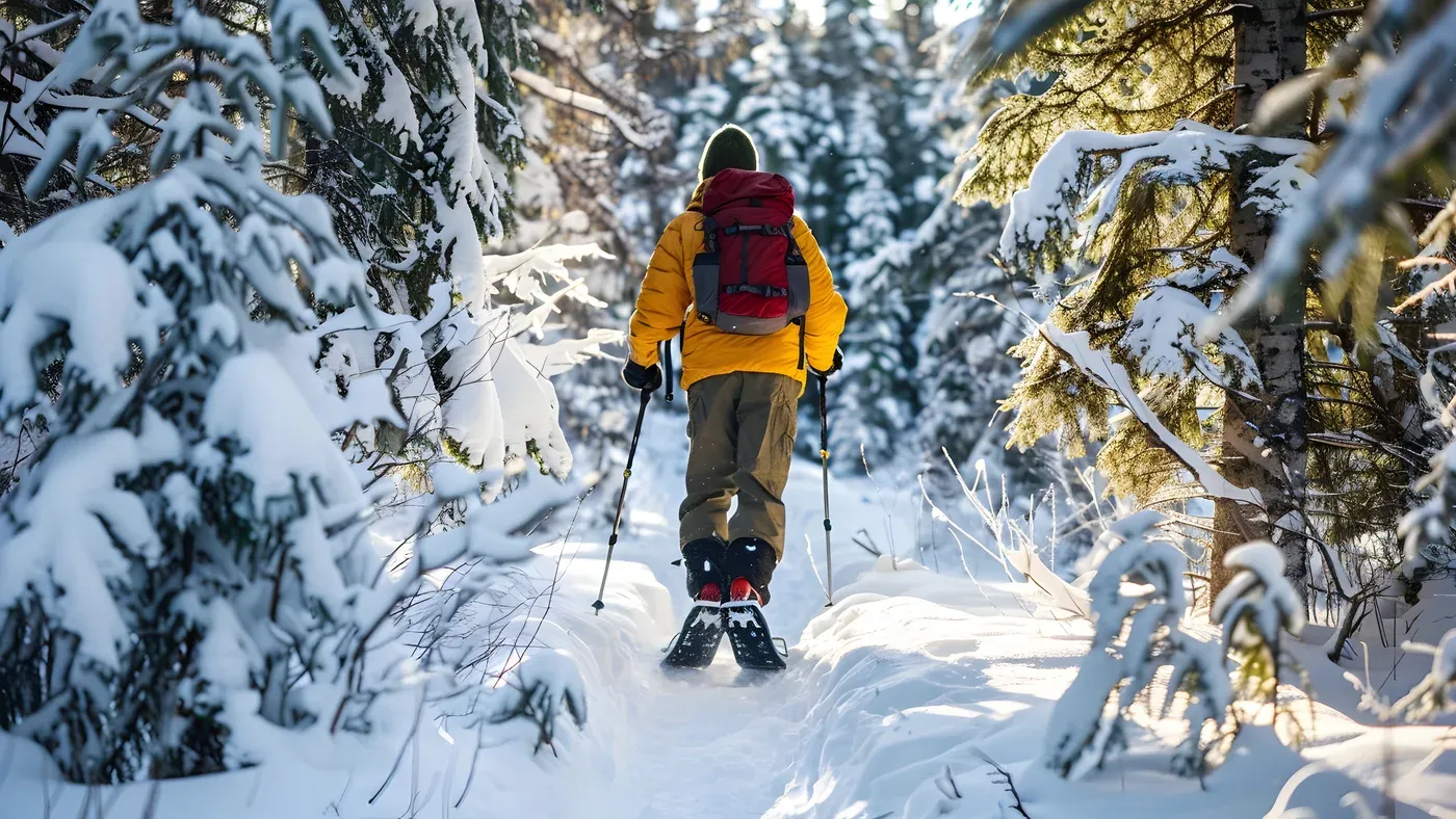 Person i gul jacka går i snöskor genom vintrig skog