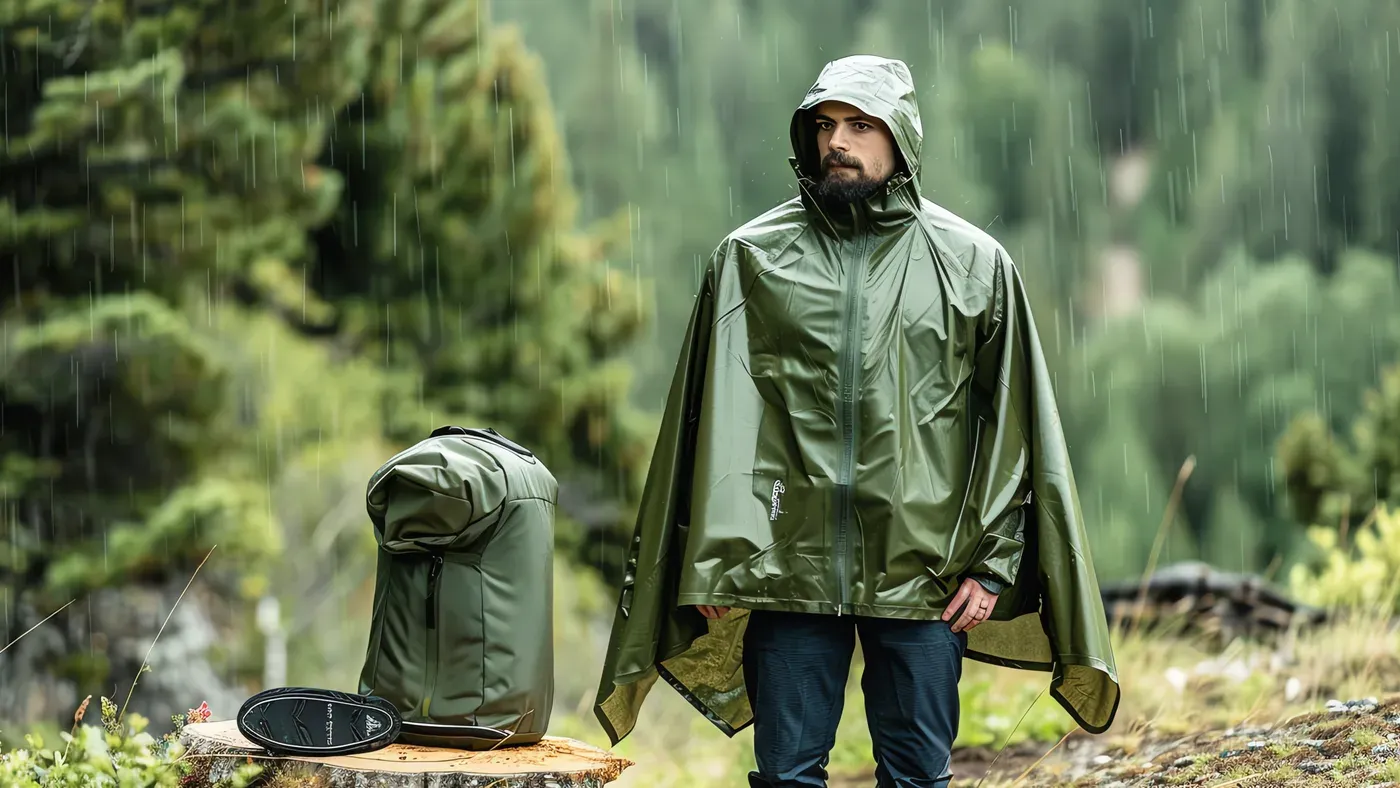 Man i grön regnponcho bredvid grön väska i regn