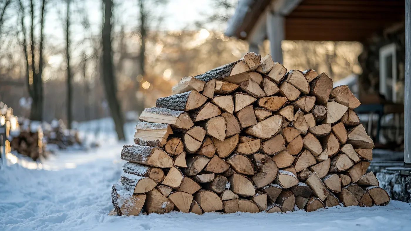 Stor trave kluven ved täckt av snö