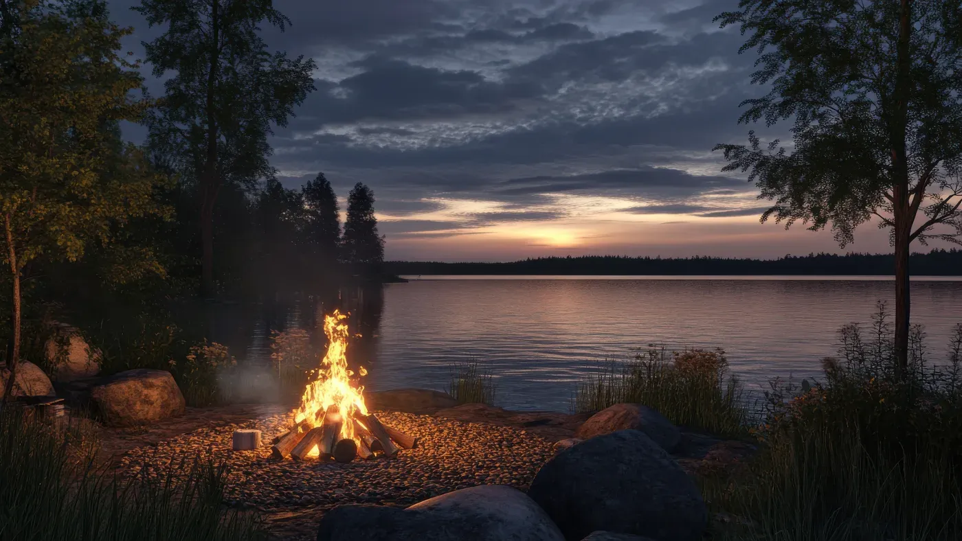 Lägereld vid sjö i skymning med stenar och skog runt om
