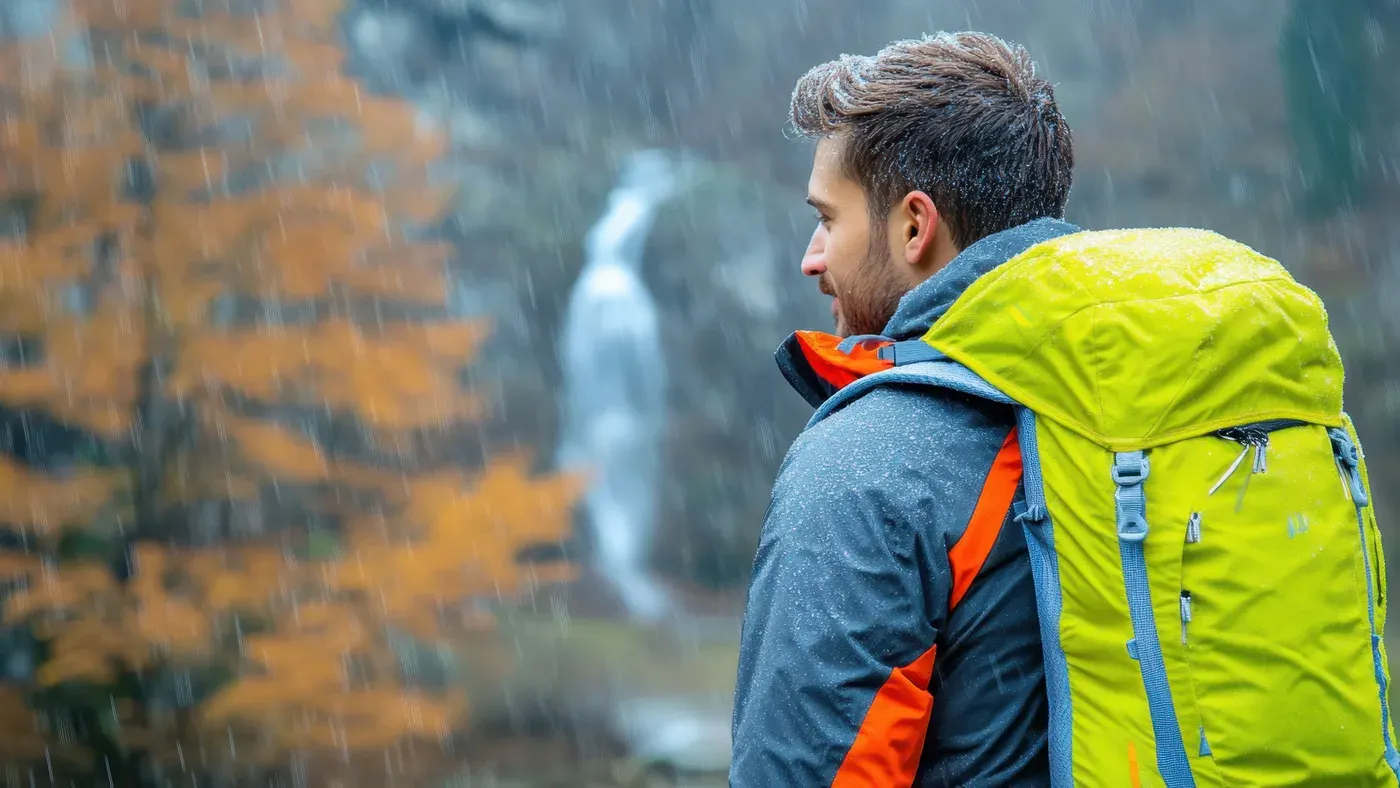 Man med gulgrön ryggsäck och orange regnjacka i regn vid vattenfall
