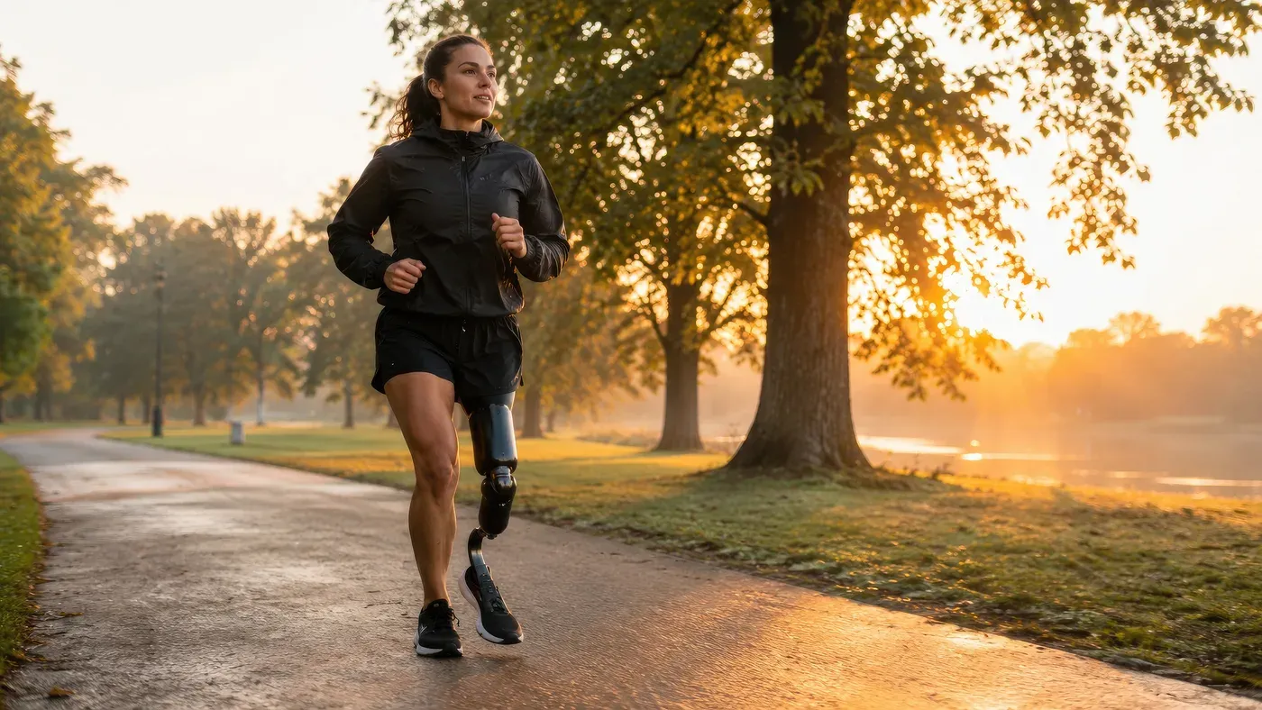 Kvinna joggar i svart jacka med löparprotes i solnedgång