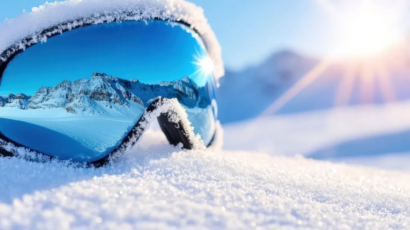 Snöig glasögonlins med bergslandskap i solsken