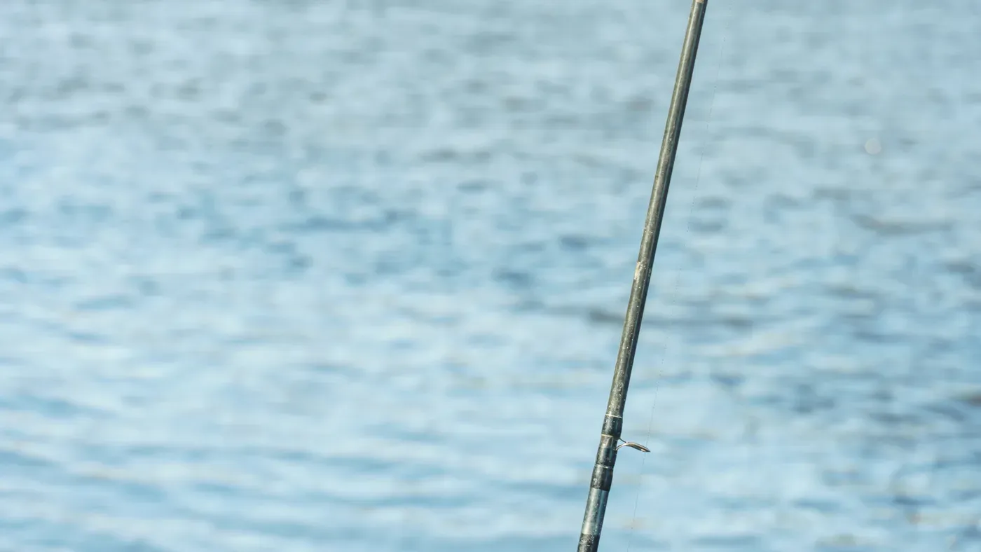 Närbild på fiskespötopp mot blänkande vatten
