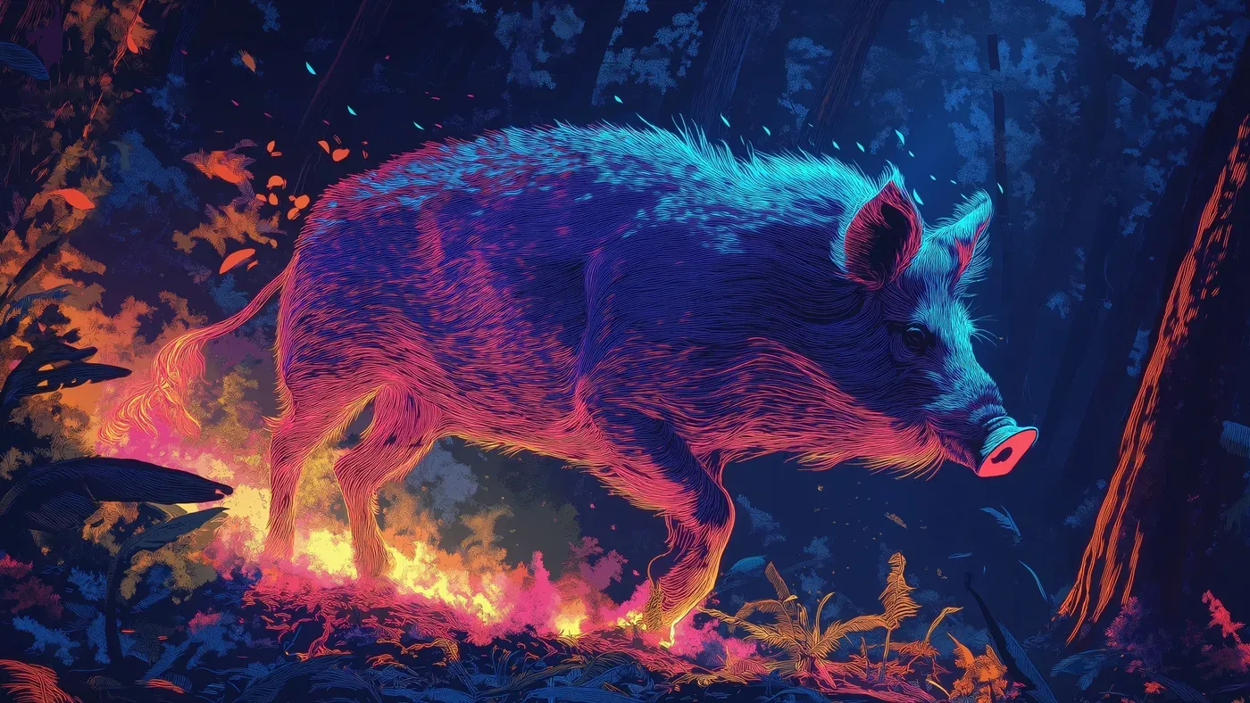 Tecknad illustration av vildsvin i eldfärgade toner