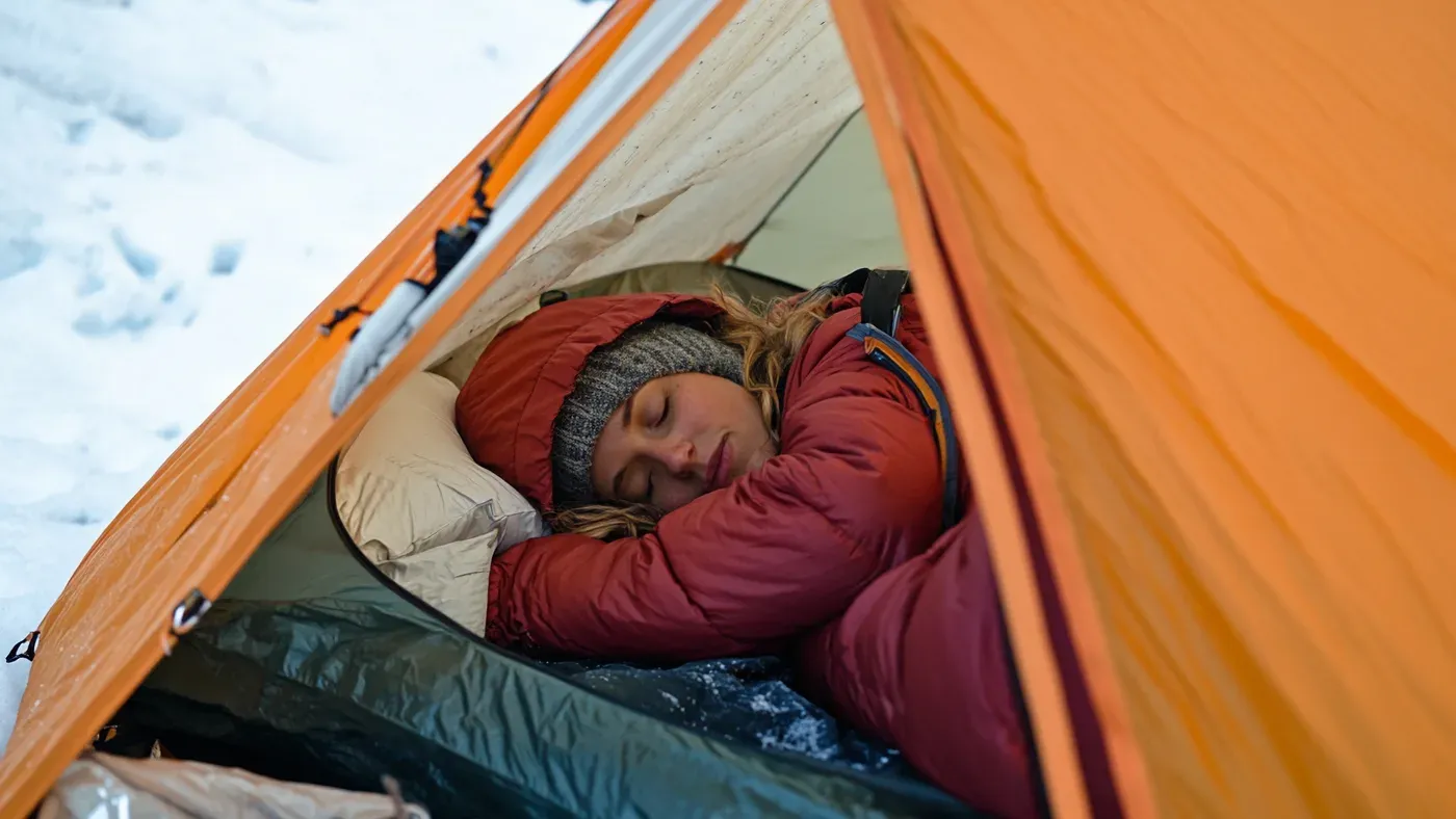 Kvinna sover i röd sovsäck i tältöppning vid snö